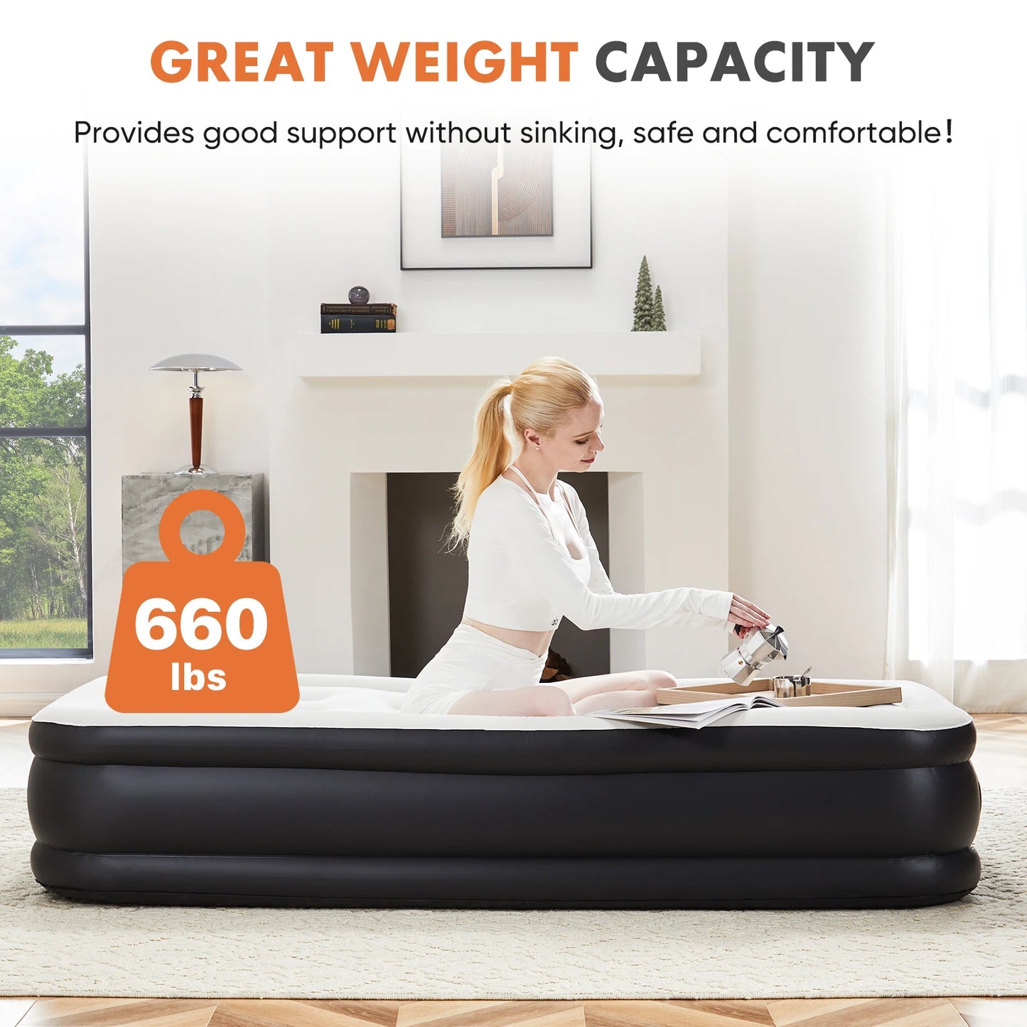 JHK Queen Twin Size Air Mattress Blow Up Double Height Non Slip Bottom 660 Lbs