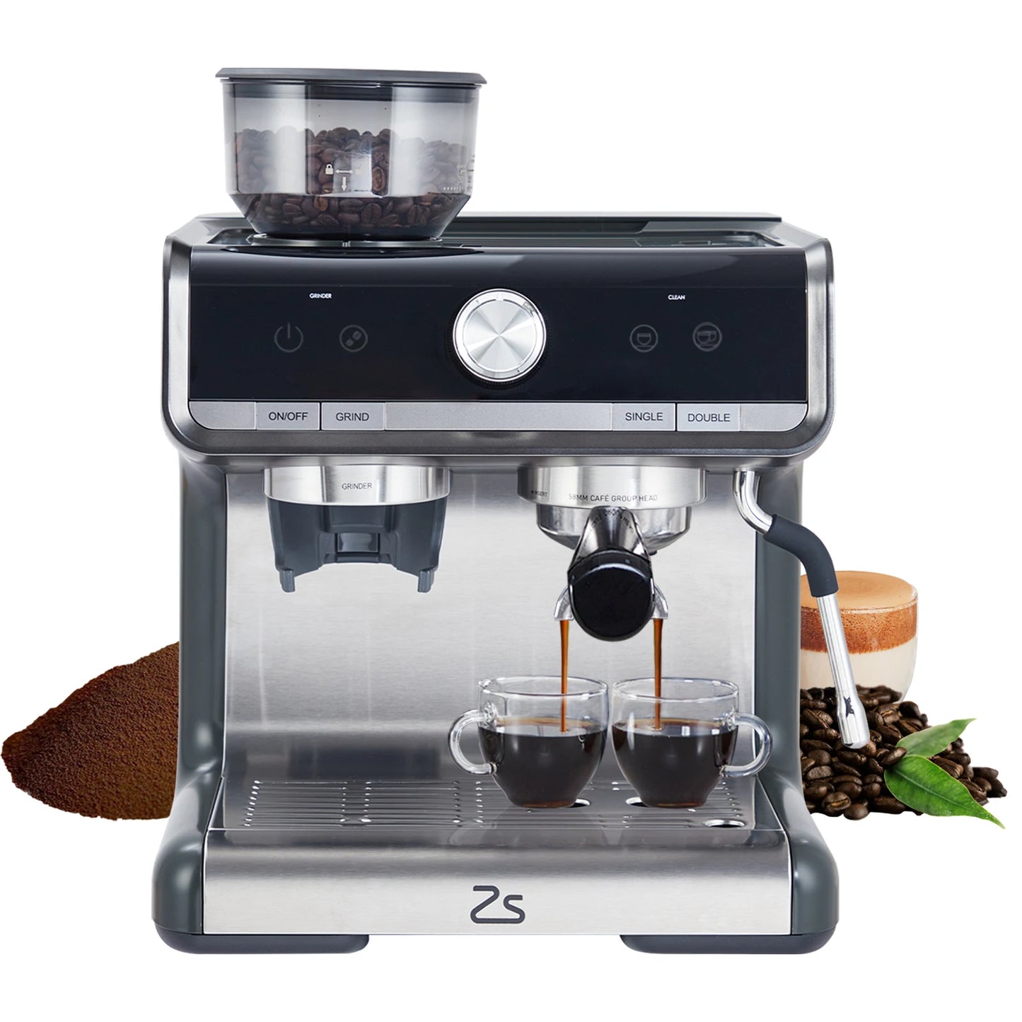 Espresso Machine With Grinder And Milk Frother Steam Wand 20 Bar 1450W