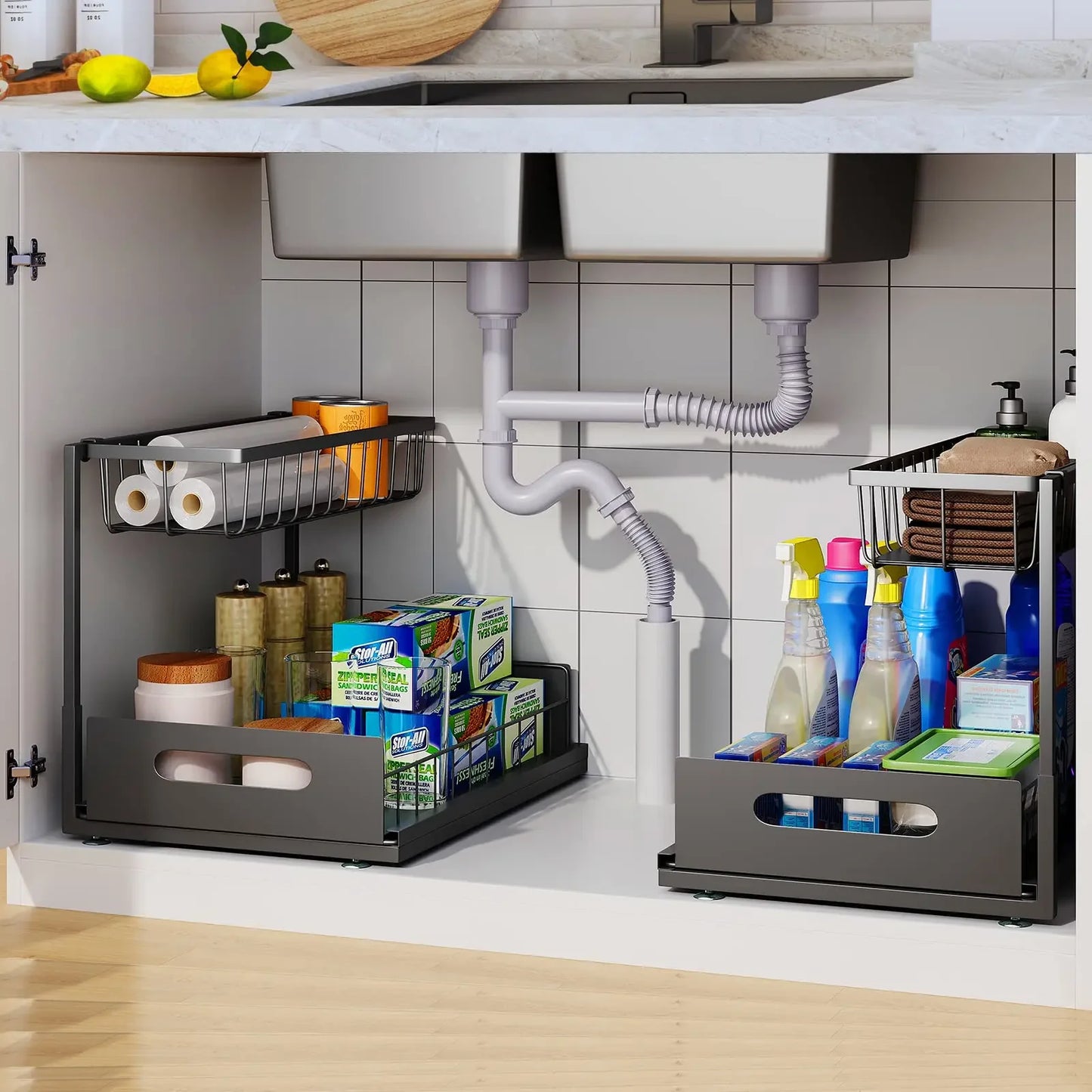Double Layer Sliding Rail Under Sink Storage Rack For Bathroom And Kitchen