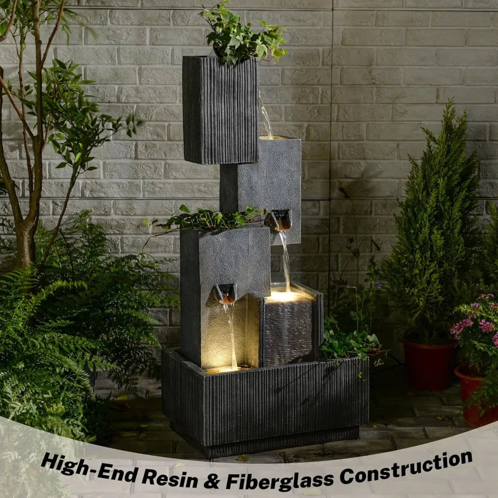 Outdoor Waterfall Fountain With Led Lights – 41.3" Tiered Resin Garden Fountain For Patio, Yard, Or Backyard