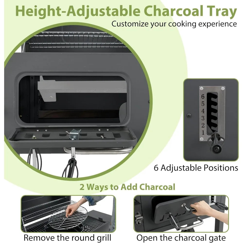 Adjustable Charcoal Grill With Thermometer And Side Tables