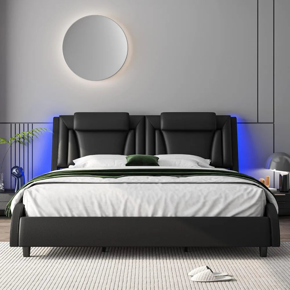 Bed frame, Adjustable LED Headboard Wave-Like Curve Design Solid Wooden Slats Support No Box Spring Needed, Bedroom Furniture