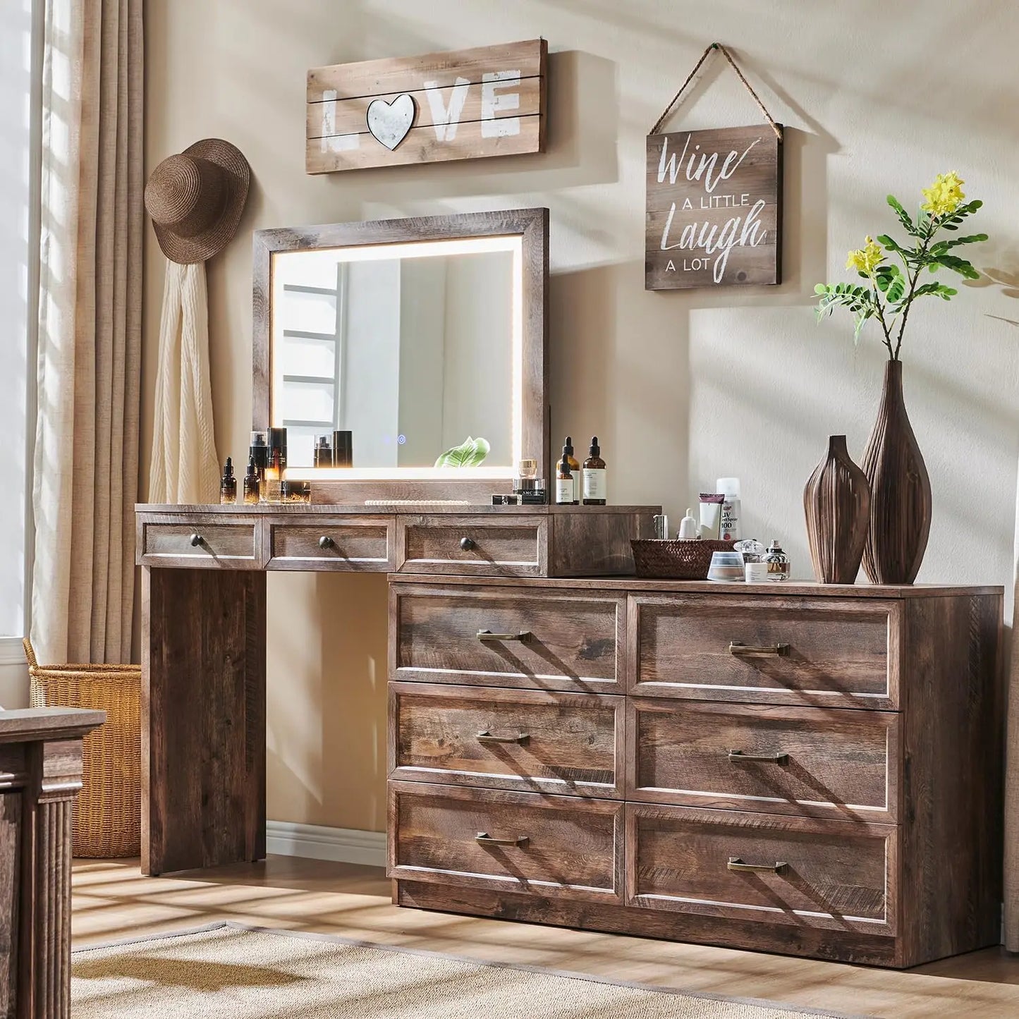 69 Inch Wide Rustic Wood Bedroom Dresser With Glass Top 9 Drawers LED Mirror