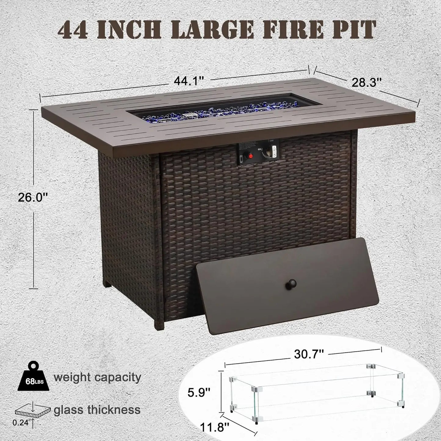 Propane Fire Pit Table 44 Inch 55000 BTU Rectangular