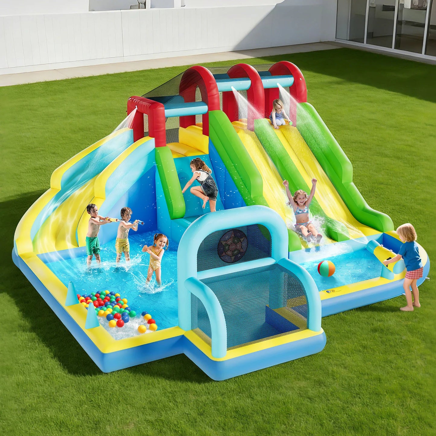 Inflatable Bounce House With 3 Water Slides Oxford Fabric Bouncy Castle For Kids