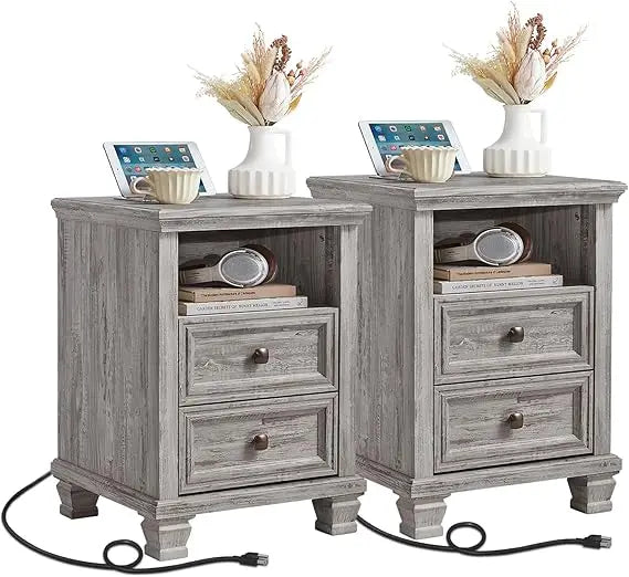 Grey Farmhouse Nightstands Set of 2 with Charging Station
