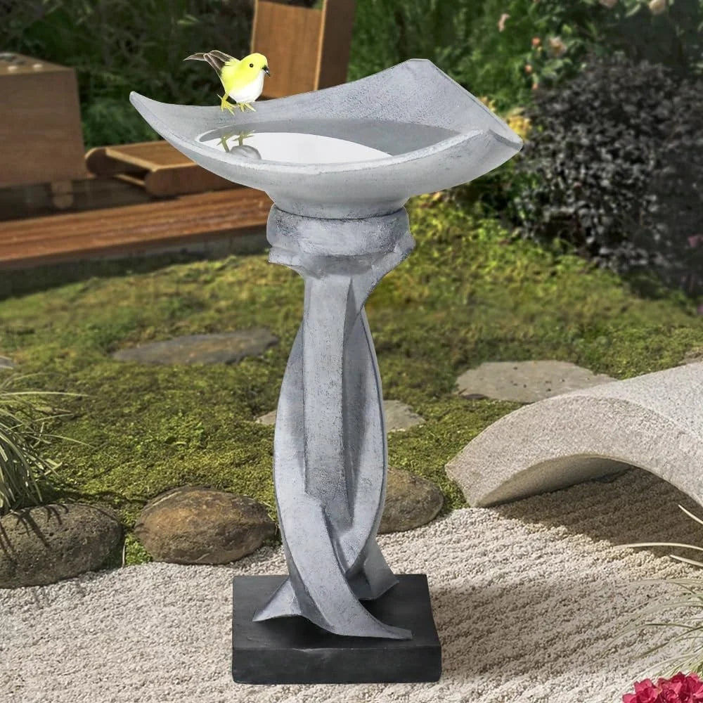 Modern Concrete Bird Bath Decorative Fountain Outdoor Garden Statue Unique Lotus Design Weather Resistant Durable Pedestal 22.8