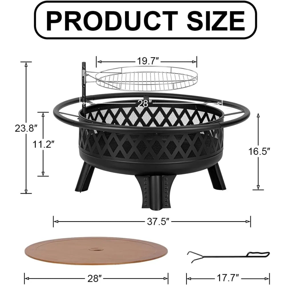 38 Inch Wood Burning Fire Pit Round Outdoor Table Grill Lid