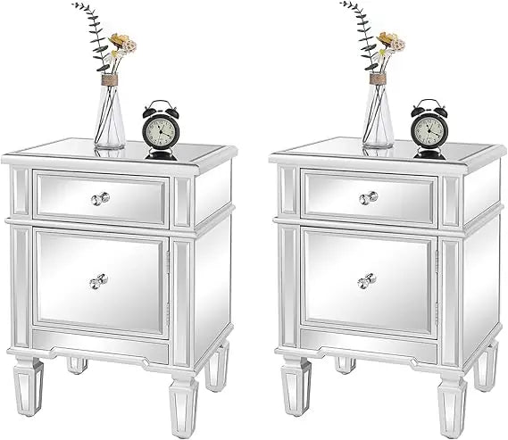 Set Of 2 Mirrored End Tables With Drawer Silver Glass