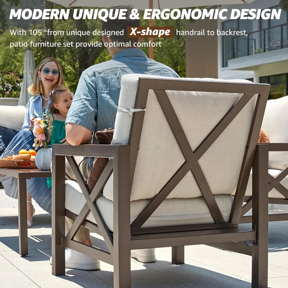 "4-Piece Patio Furniture Set, Outdoor Sectional Metal Conversation Set with Loveseat & 2 Single Chairs – Ideal for Small Spaces