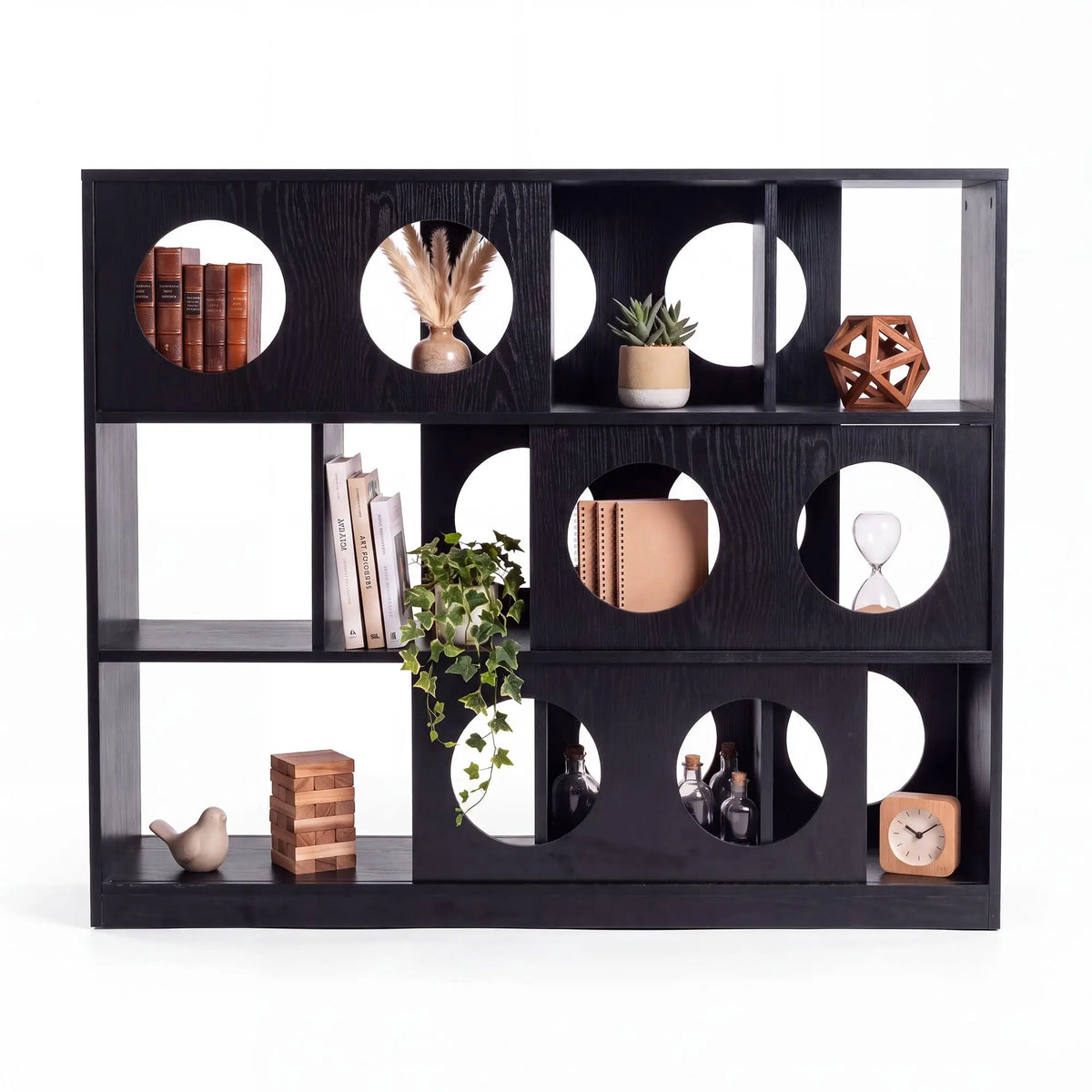 Low Wood Bookshelf With Round Cutout Cubbies Organizer