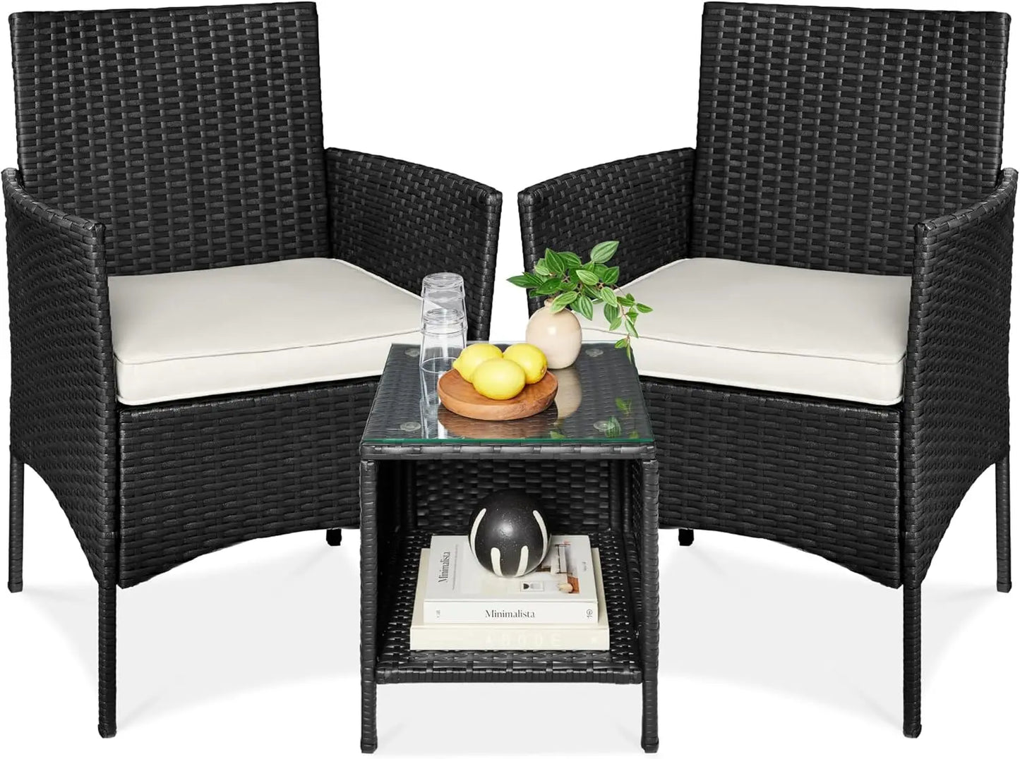 3-Piece Outdoor Wicker Conversation Bistro Set, Space Saving Patio Furniture for Garden w/Side Table