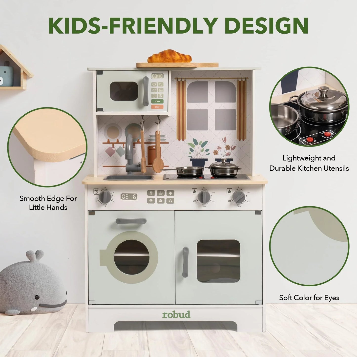 Robotime Robud Play Kitchen Wooden Play Kitchen Set Pretend Playset w/ Lights & Sounds Gift for Girls Boys Age 3+ Light Green