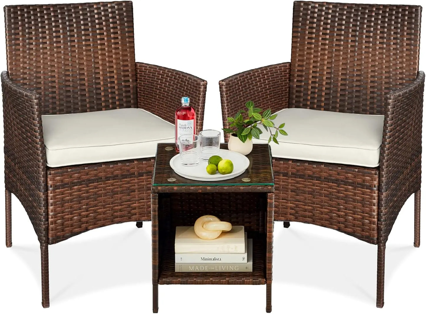 3-Piece Outdoor Wicker Conversation Bistro Set, Space Saving Patio Furniture for Garden w/Side Table