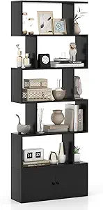 6-Tier Tall Bookcase with Cabinet, Anti-Tipping, Home Storage Organizer, Geometric Style