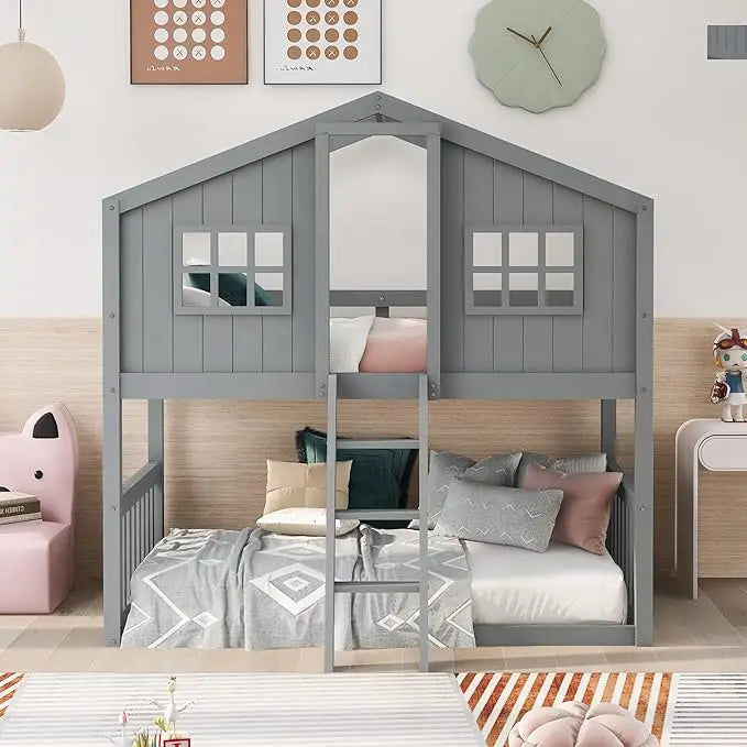 Twin Over Twin Bunk Bed with 2 Drawers, 1 Storage Box, 1 Shelf, Window and Roof, Wood Playhouse Bed Frame for Kids Boys Girls Te