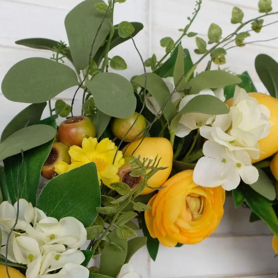 20 Inch Artificial Lemon Wreath For Front Door With Yellow Peony And Hydrangea