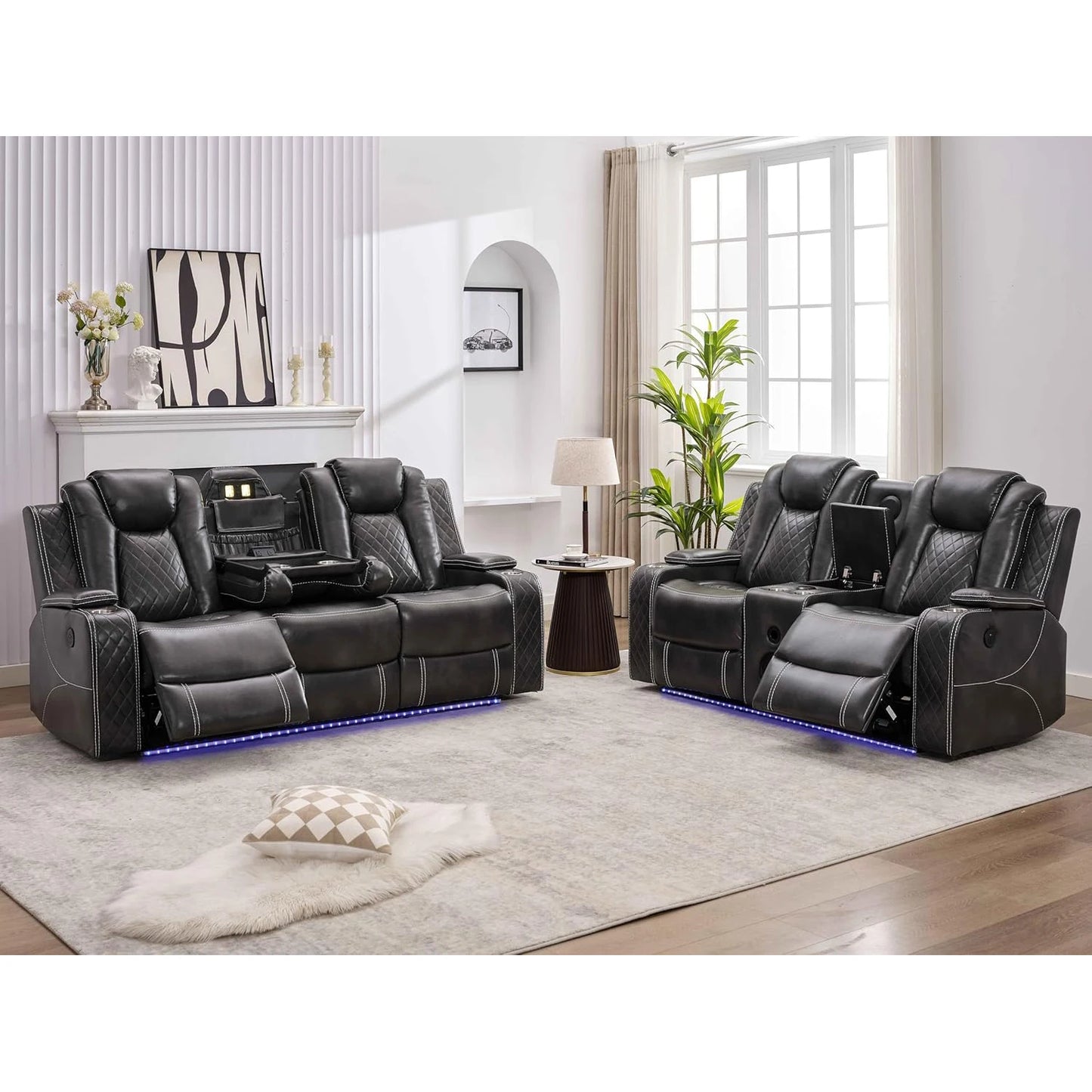 5 Seater Faux Leather Power Recliner Sofa With Table