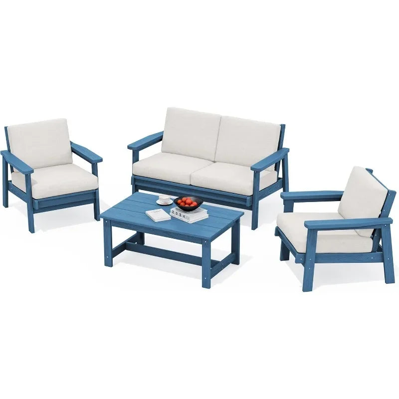 Outdoor Furniture Set, 4 Piece All Weather Outdoor Sofa Set, Wood-Like Outdoor Sectional Couch