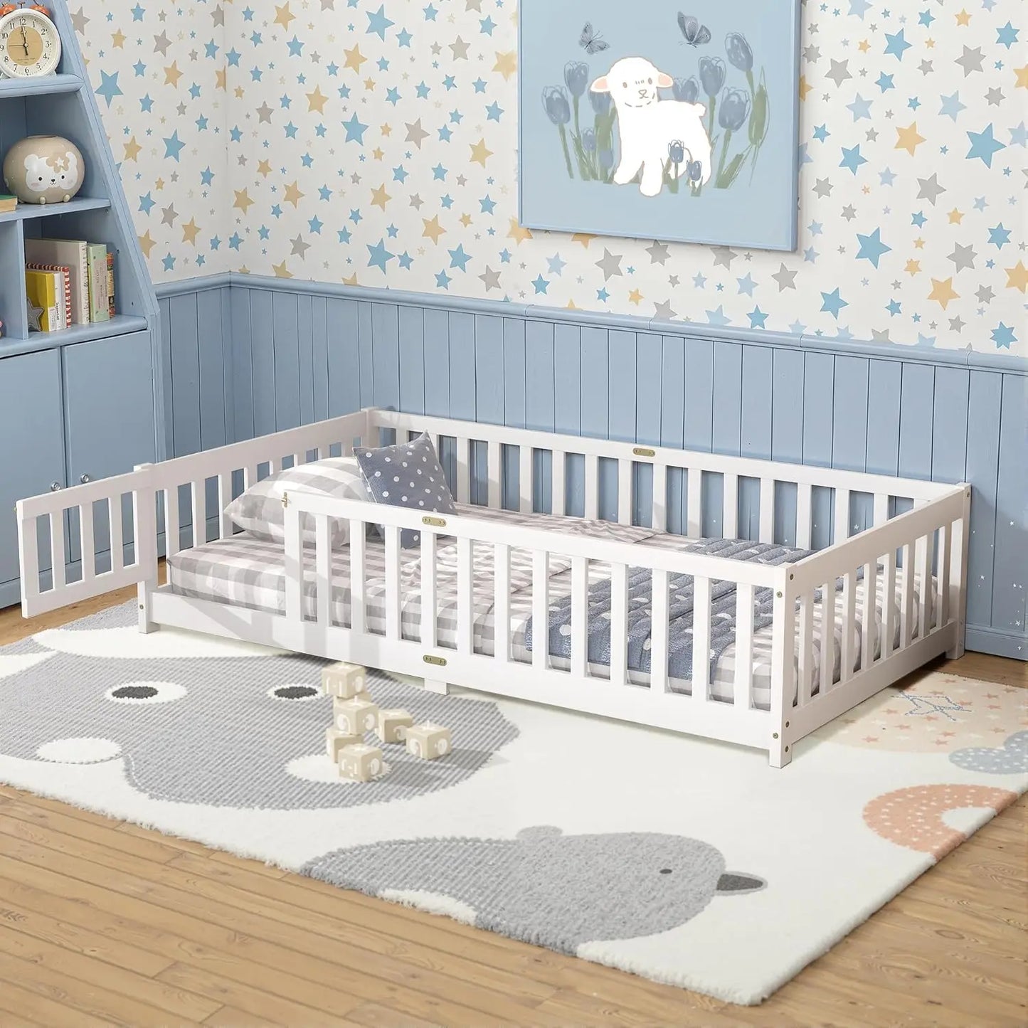 Full Size Floor Bed, Toddler Floor Bed Frame with High Guardrails, Solid Wood Montessori Beds Full with Support Slats, Fence and