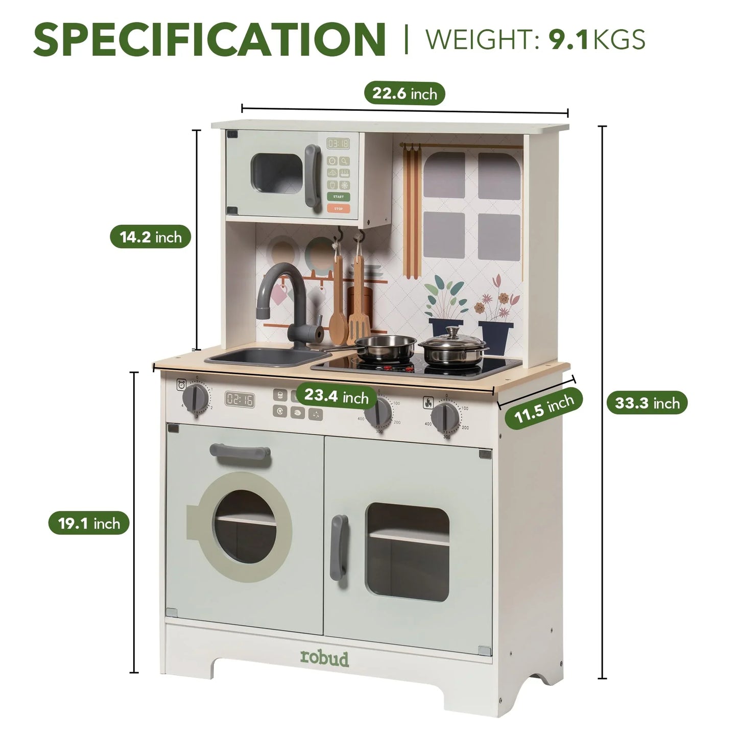 Robotime Robud Play Kitchen Wooden Play Kitchen Set Pretend Playset w/ Lights & Sounds Gift for Girls Boys Age 3+ Light Green
