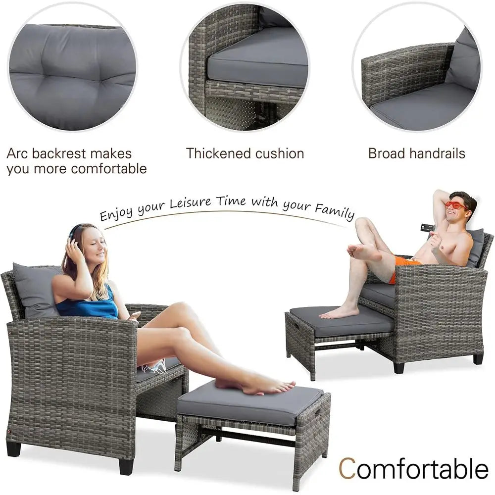 Compact Outdoor Patio Furniture Set: 2 PE Wicker Chairs, Ottomans, Cushions & Glass Table for Balcony (Light Grey)