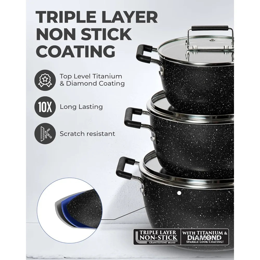 Granitestone Black Pots and Pans Set Nonstick, 6 Stackable Piece Cooking Pots Set, Kitchen Pots, Non Stick Coating, 5qt 3qt & 1