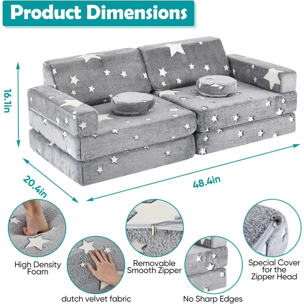Modular Play Couch, 10PCS Creative Sectional Fort Building Sofa,for Bedroom Convertible Soft Foam Furniture Floor Cushion