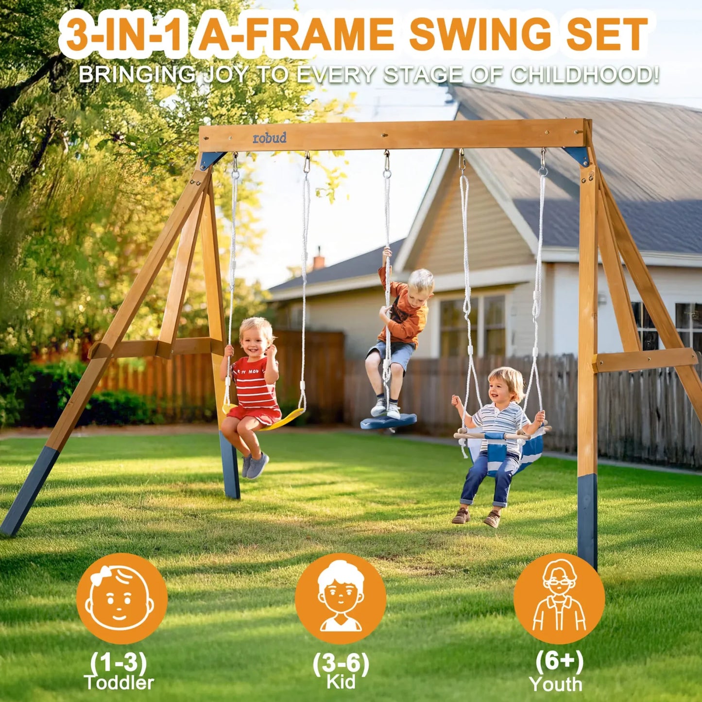 Robotime Robud 3-in-1 Playground Wooden Swing Sets for Backyard DIY Swing Sets with Tree Swing and 2 Toddler Swings for Kids 3+