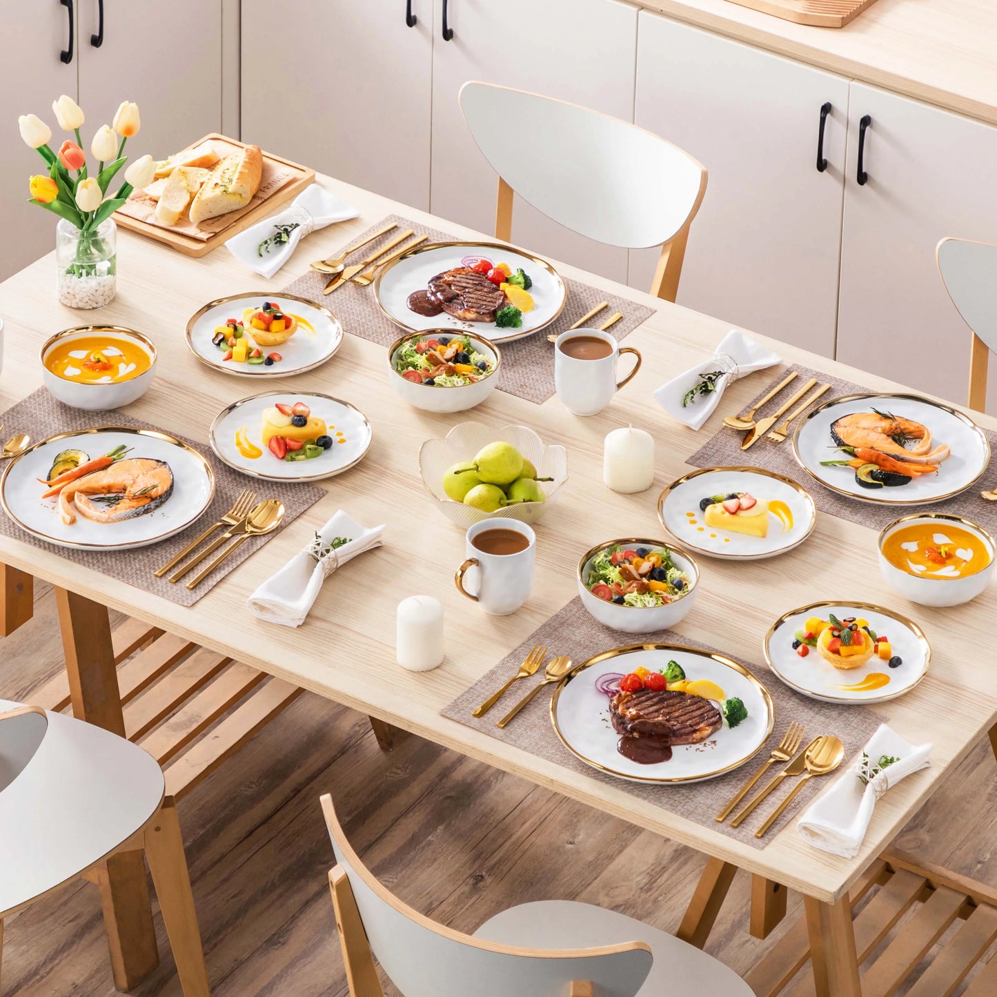 LoveCasa White Handmade Stoneware Dinnerware Set With Gold Trim 16 And 32 Piece