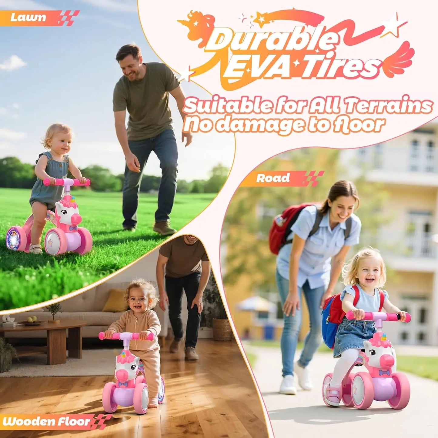 Unicorn Toddler Balance Bike No Pedal With Light Up Wheels For Girls