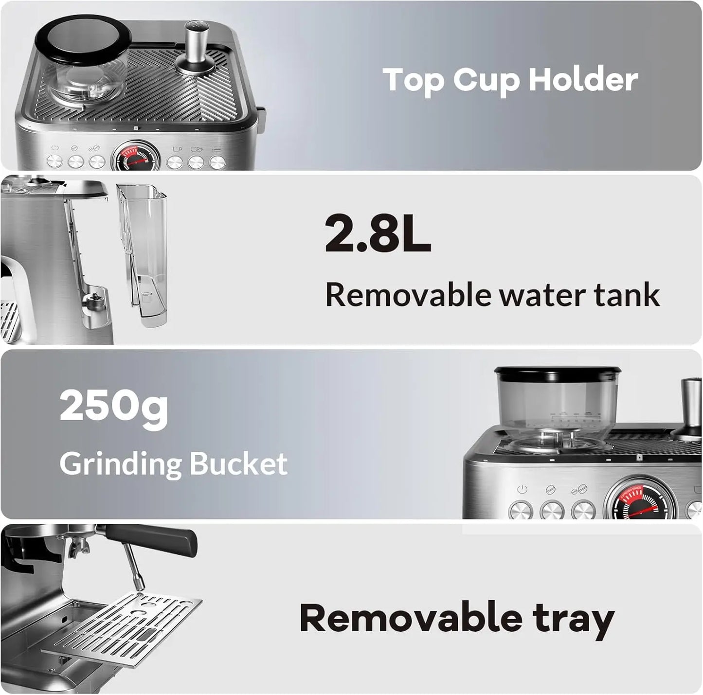 20 Bar Semi Automatic Espresso Machine With Grinder Steam Wand 30 Settings
