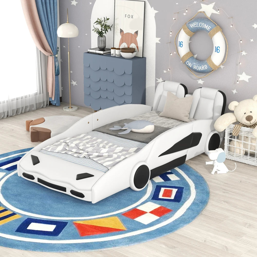 Twin Size Race Car-Shaped Platform Bed with Wheels Kids Beds for Boys Children Bed for Kids