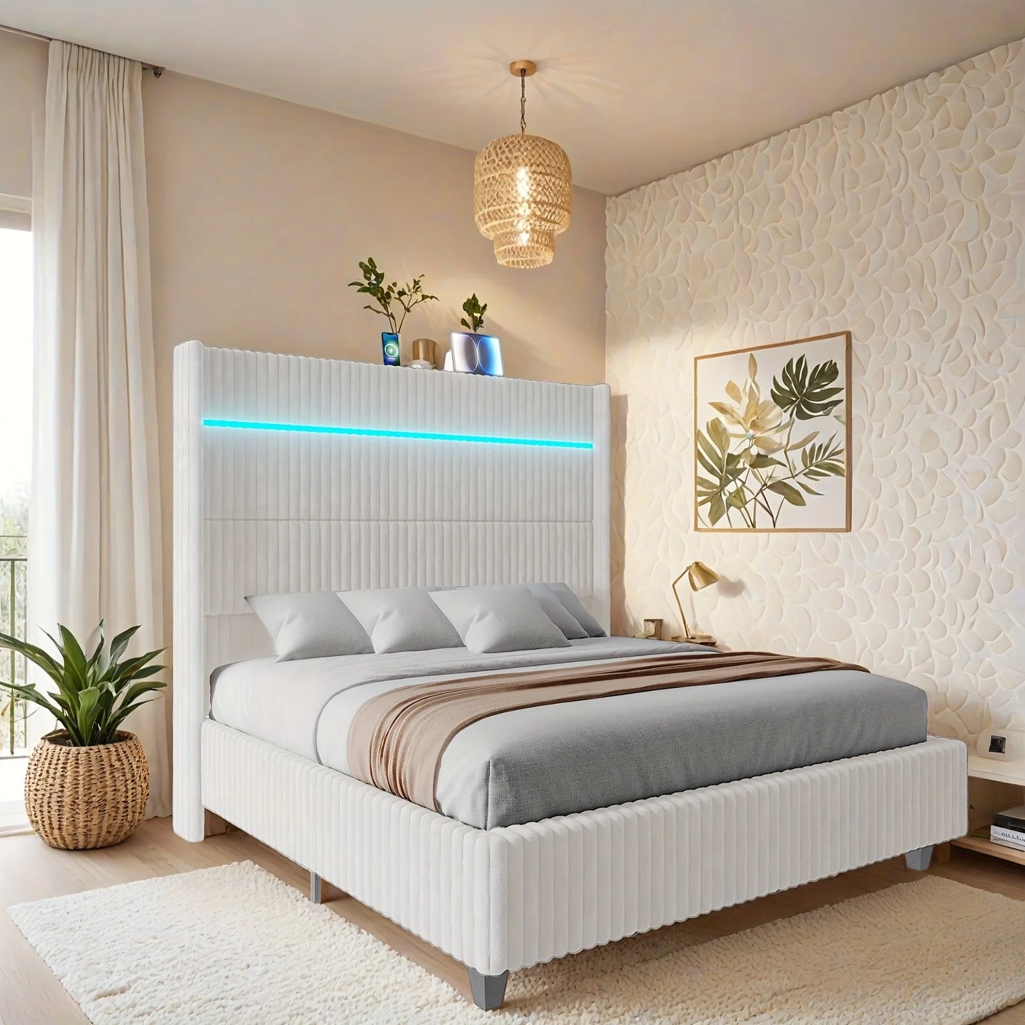 Luxoak Queen King Size LED Platform Bed Frame 60in Wingback Headboard And USB