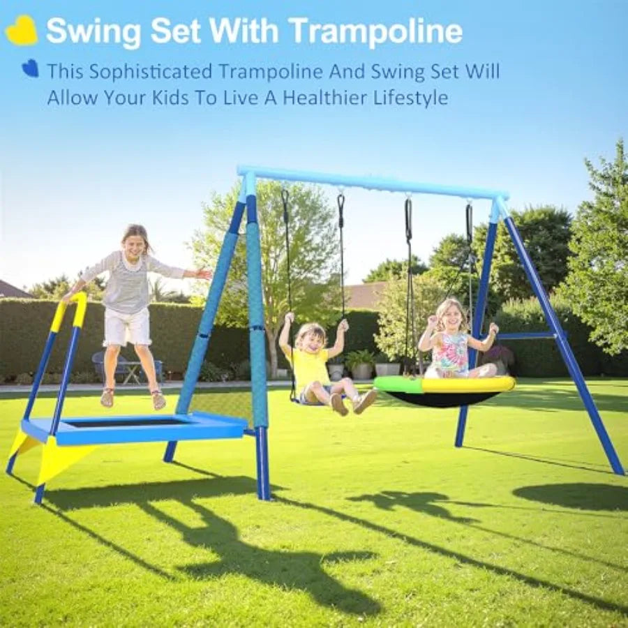 440lbs Swing Set 3in1 Outdoor Playground with Saucer Swing Belt Seat and 4ft Trampoline Heavy Duty AFrame Metal Stand and Safet