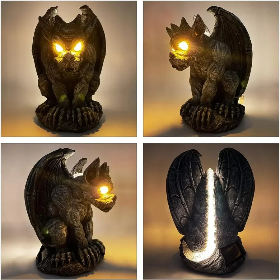 Large Winged Gargoyle Statue With Solar Lights Outdoor Garden Decor