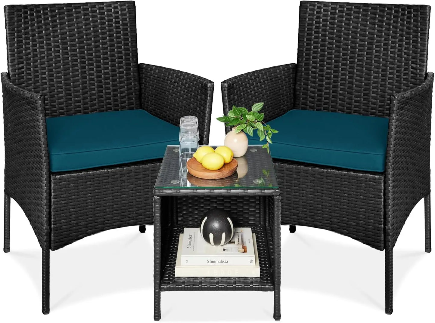3-Piece Outdoor Wicker Conversation Bistro Set, Space Saving Patio Furniture for Garden w/Side Table
