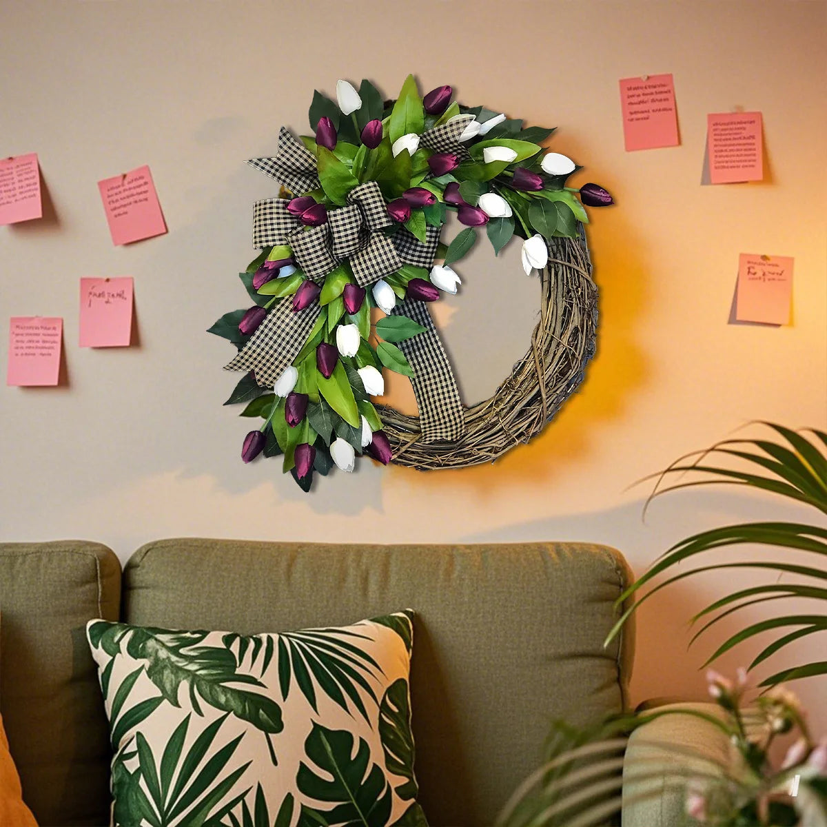 Tulip Wreath for Front Door, 13.7in Spring Summer Silk Wreath with Green Leaves & Bow Artificial Tulip Flower Wreaths