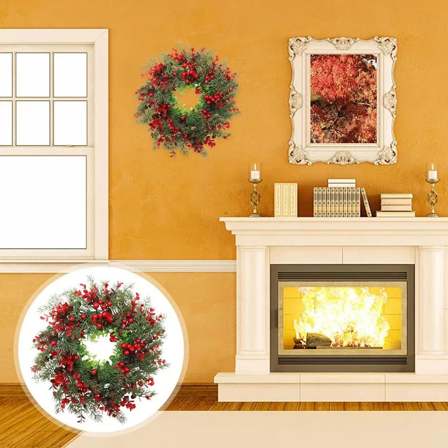 1Pc, Charming 13.8in Christmas Wreath with Red Eucalyptus Berries - Perfect for Front Door, Fireplace Mantle & Window Decor
