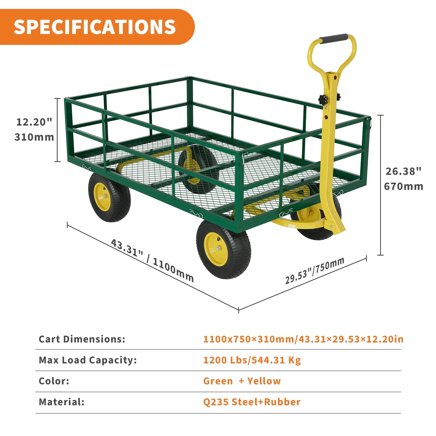 Heavy Duty Steel Garden Cart 1200 1400 Lbs Capacity 13 Inch Wheels