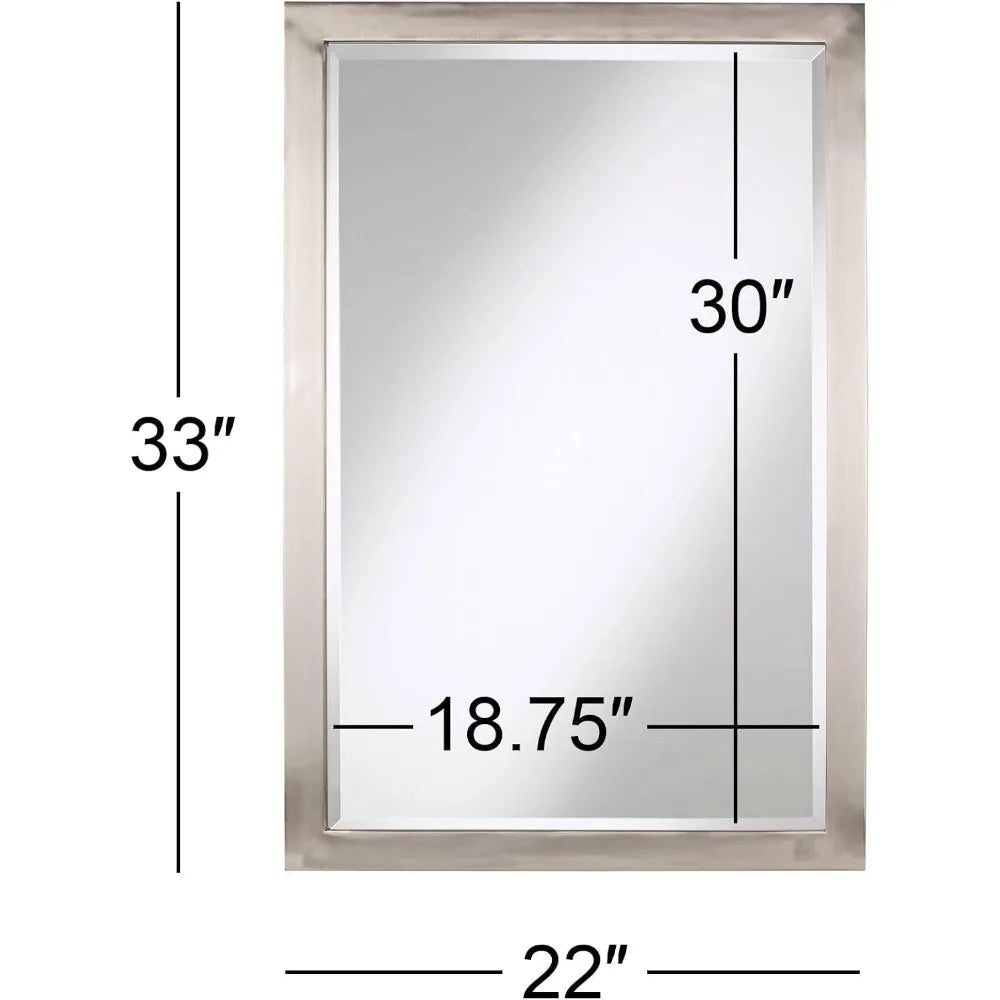 Metzeo Rectangular Vanity Decorative Wall Mirror Modern Brushed Nickel Silver Metal Frame Beveled Glass 33" Wide for Bathroom B