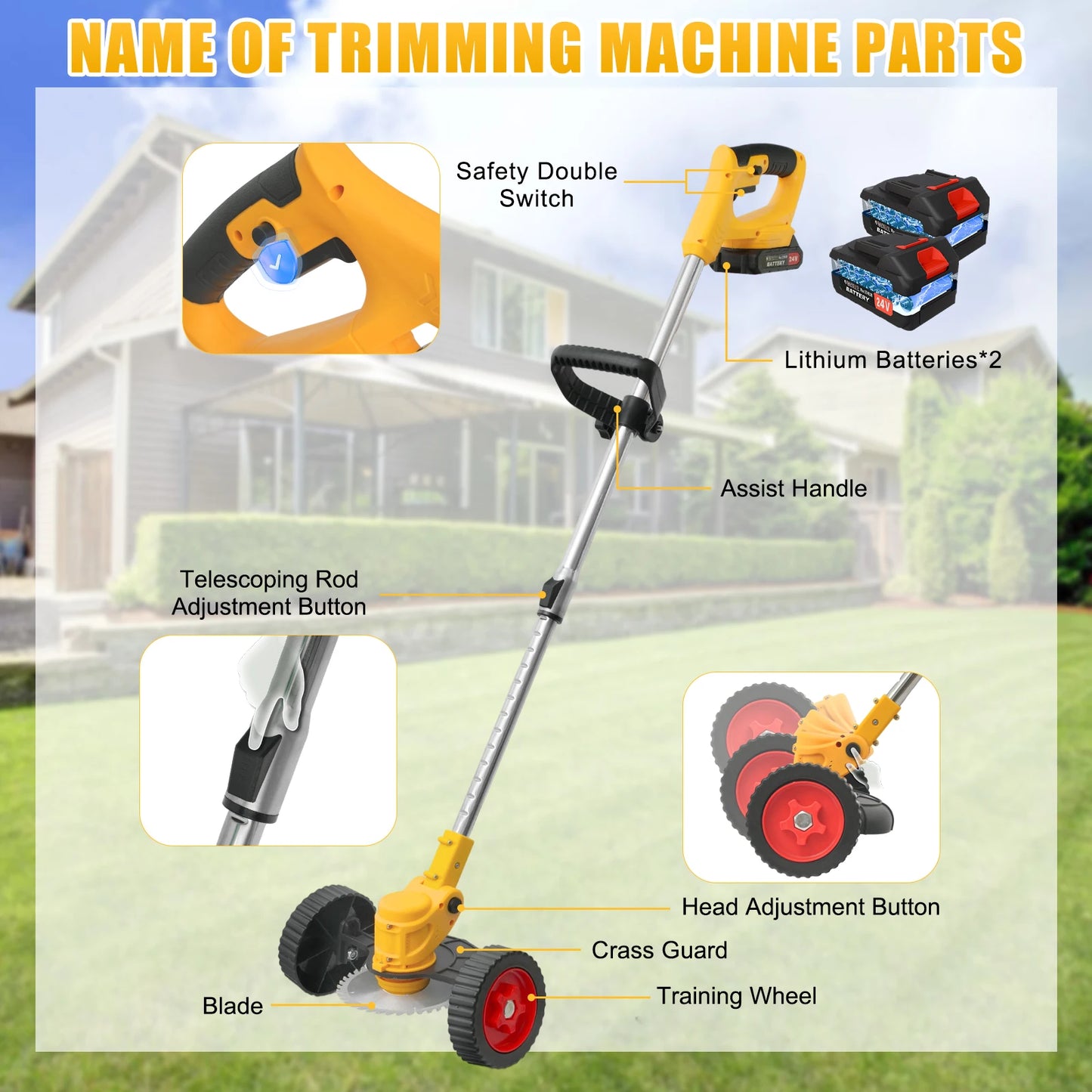 Cordless Grass Trimmer Lawn Electric 21V With 2x24V BatteryFast Charger 2-in-1 650W Brush Cutter 18000 RPM for Yard Garden