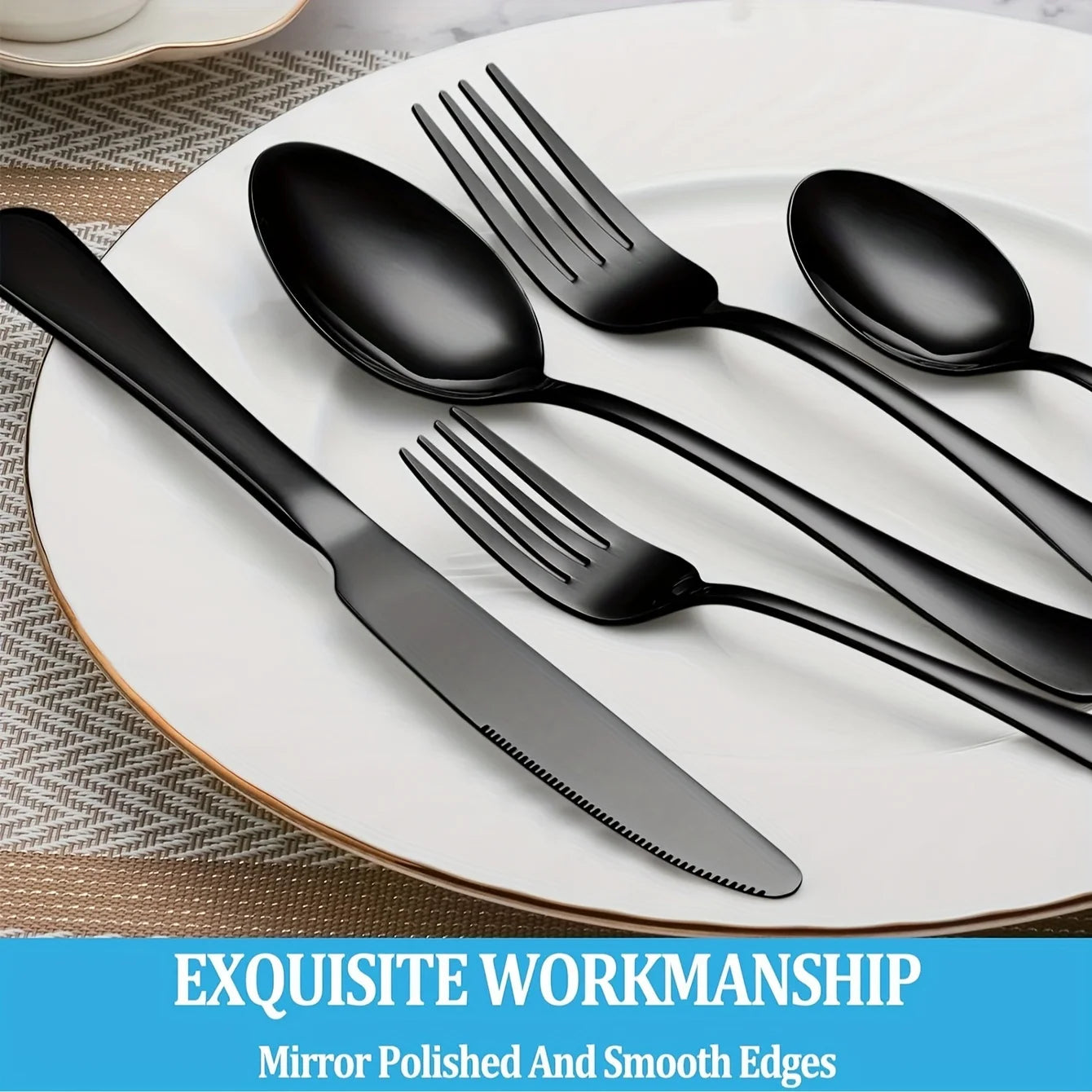 36-Piece Black Flatware Set With Steak Knives Food-Grade Stainless Steel Cutlery