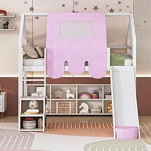Twin Over Twin Bunk Bed with 2 Drawers, 1 Storage Box, 1 Shelf, Window and Roof, Wood Playhouse Bed Frame for Kids Boys Girls Te