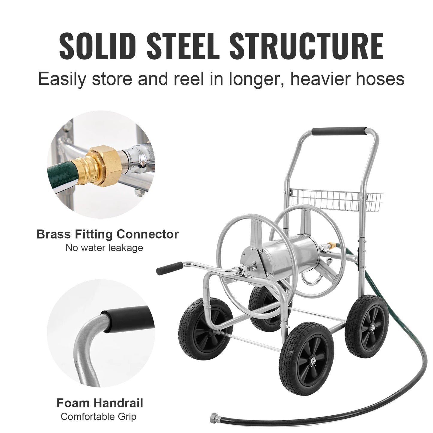 VEVOR Hose Reel Cart 250ft Heavy Duty Garden Water Yard Planting w/ Basket Effortless Roll-up Hose Versatile Application Steel