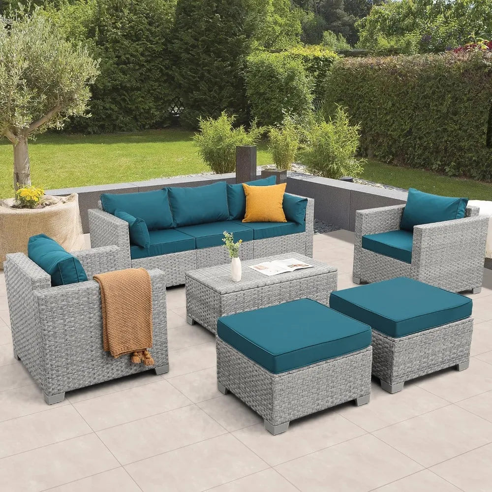 Patio Furniture Set 6 Piece Outdoor Patio Set Wicker Balcony Furniture Conversation Sets PE Rattan Couch Sofa with Coffee Table