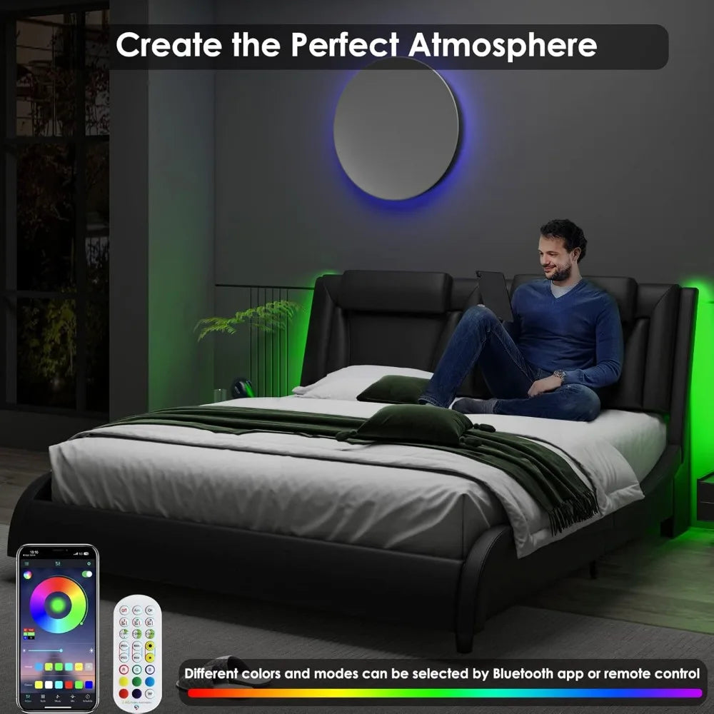 Bed frame, Adjustable LED Headboard Wave-Like Curve Design Solid Wooden Slats Support No Box Spring Needed, Bedroom Furniture