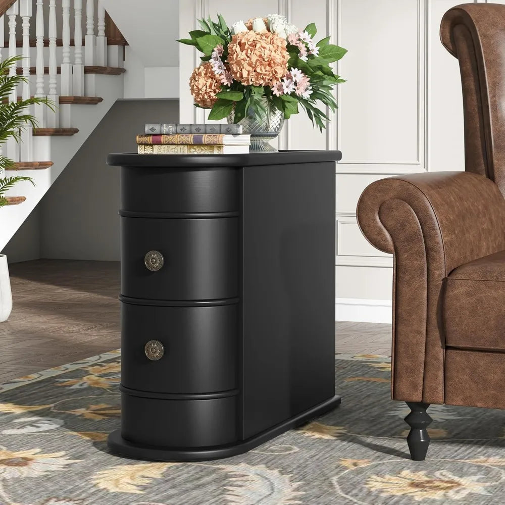 Black Wood End Table Set Of 2 Narrow 2 Drawer Slim