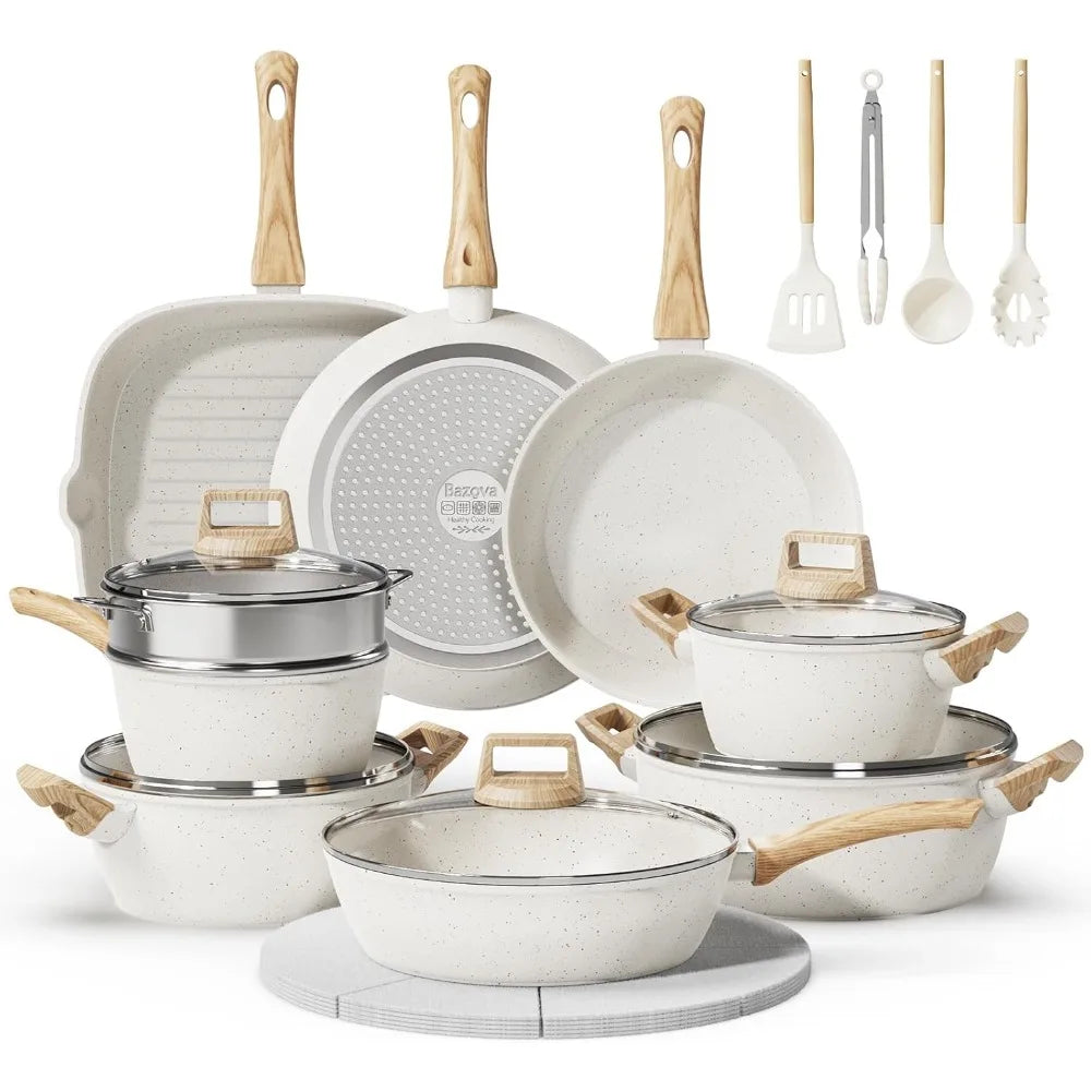 24 Pcs Pots and Pans Set, Non Stick Ceramic Cookware Set with 3 Stockpots, Healthy Non-Toxic, Large Capacity, Induction Compatib