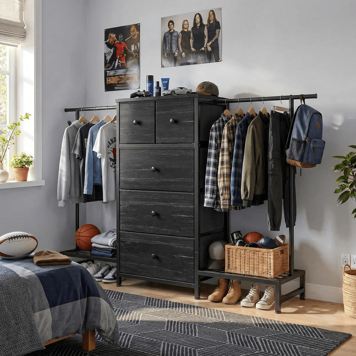 5 Drawer Dresser With Hanging Rod And Shoe Rack Bedroom Closet Organizer